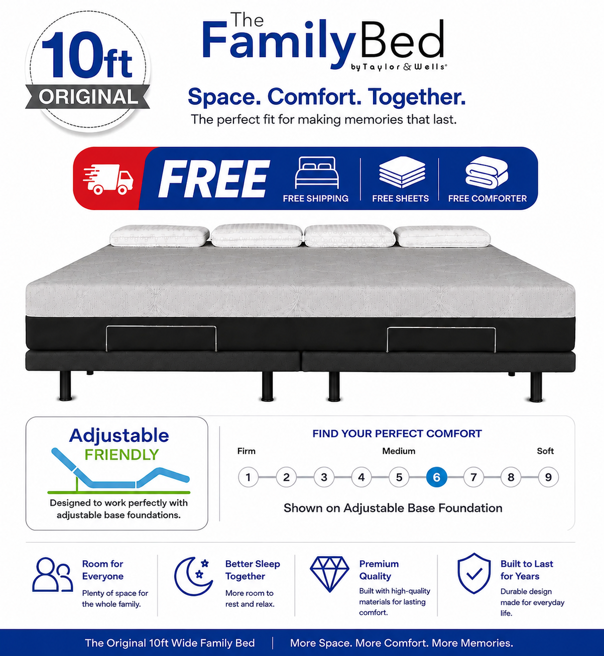 The Family Bed Original 10 Foot Gel Memory Foam Mattress