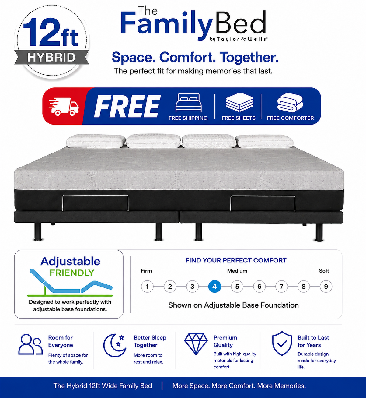 The Family Bed Hybrid XL 12 Foot Gel Memory Foam Mattress