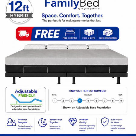 The Family Bed Hybrid XL 12 Foot Gel Memory Foam Mattress
