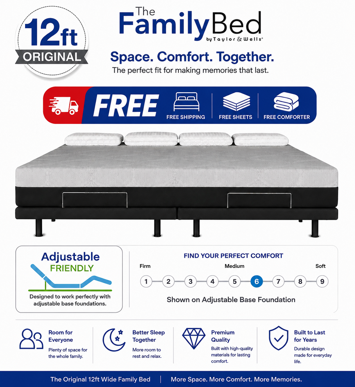 The Family Bed Original XL 12 Foot Gel Memory Foam Mattress