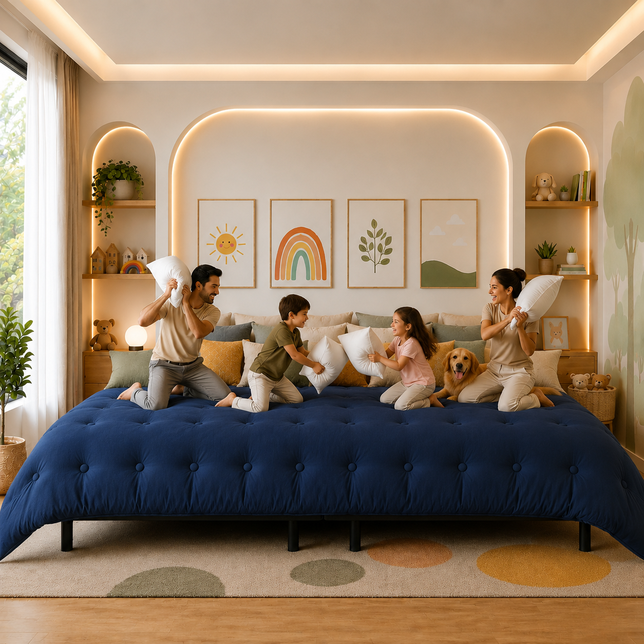 Family relaxing together on a large bed